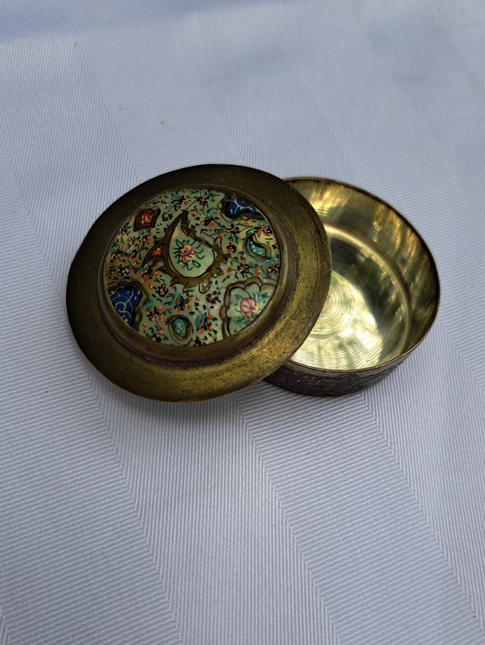 Brass Decorative Trinket Box with Enamel Floral Lid